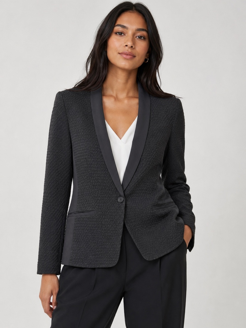 Vince Shawl Lapel Textured Wool Classic One Button Black Blazer Jacket Size 12